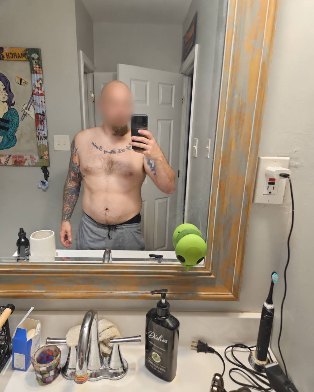 Anonymous contributor at the beginning of a 37-pound weight-loss period, with face blurred for privacy